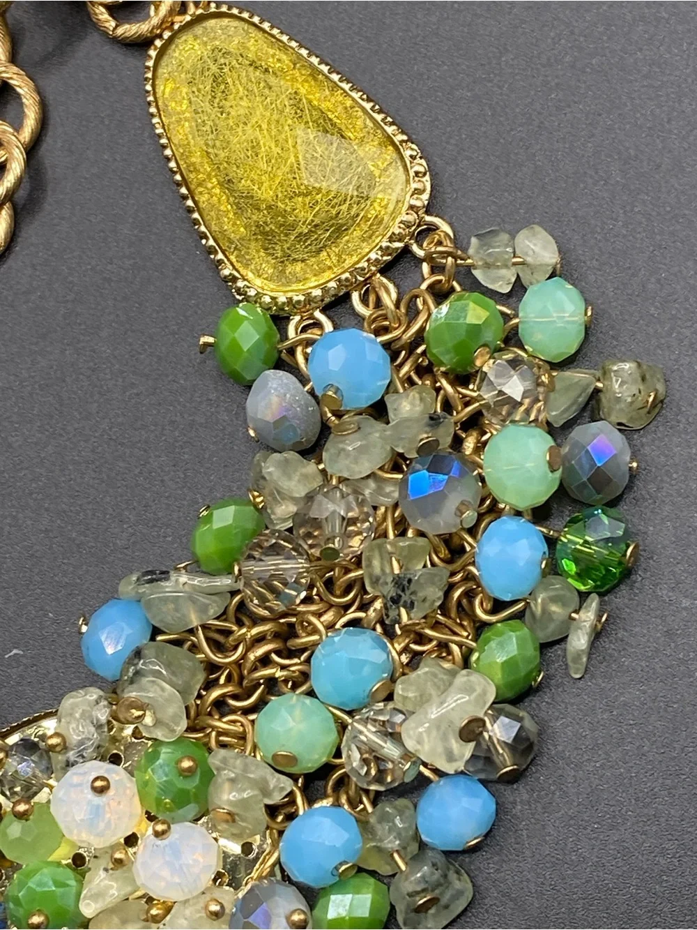 JANICE KEELER Glass Beads Statement Necklace Gold Tone Blue Green